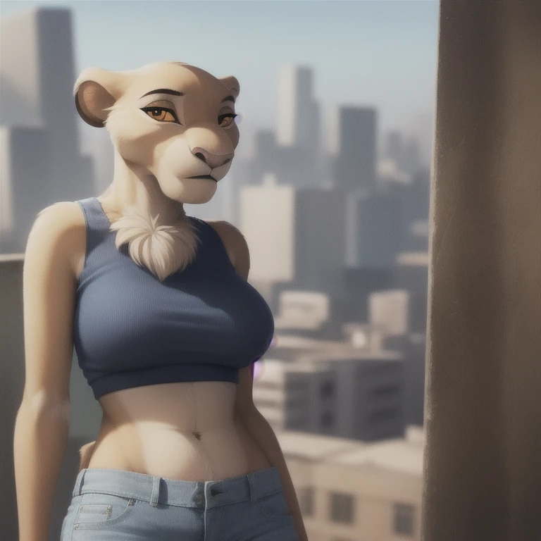 sarabi, furry female anthro, lion girl, portrait, close-up, fur trim, solo, (body fur:1.2), (best quality), (detailed urban background:1.2), dramatic lighting, (detailed fluffy fur:1.1), three-quarter view, big breasts, pink crop top, jean shorts, bedroom eyes, looking at viewer