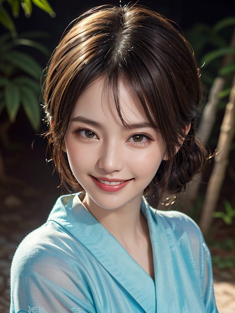 Highest quality, masterpiece, Ultra-high resolution, (Realistic:1.4), RAW Photos, One Girl, Incredibly beautiful kimono, Twelve-layered kimono, Japanese clothing, Deep Shadow, Moderate, Bamboo forest at night, Illuminated by the moonlight, 20-year-old, (A kind smile:1.3), Cute face, (head shot:1.5), Golden Ratio:1.3