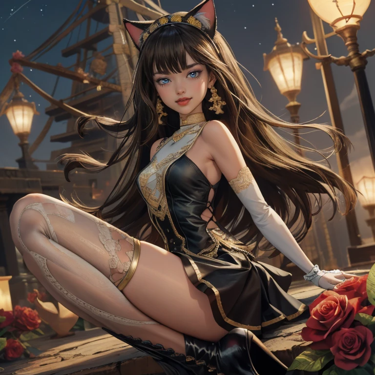  1girl, centered, a girl with a light brown skinny, cowboy shot, solo, brown hair, long hair, wave hair, Egyptian aesthetic, black shirt, black skirt, blue knee boots, smiling, Egypt style, Egypt scenery, gold lanterns, white roses, full moon,  depth of field, cinematic composition, night, white roses, smile, gold jewelry, jewelry, Egypt Pyramids scene, desert, white roses on focus, Cleo de Nilo_(monster high), Monster High, looking at the viewer, more details on the clothes, petals in the air, two arms, two legs, two hands, five fingers, Egypt Pyramids scene, desert, 1girl, black maid dress, jewelry, brown hair, flowing hair, long hair, maid dress with a short skirt and layers, blue laces, blue boots, black dress with transparency, gold details on her clothes, cat ears, animal ears,  more details, perfectly body, perfectly hands, two hands, two legs, two arms, five fingers, glowing hair, best quality, alone, maid headdress, choker, detached sleeves, maid dress, maid black dress, strapless, masterpiece, best quality, detailed face, night, asymmetrical gloves, bangs, black short skirt , black gloves, white boots, earrings, elbow gloves, fishnet thighhighs, fish masterpiece, solo, best quality, detailed face, gloves, hair between eyes, jewelry, long hair, looking at viewer, single earring, sky, sleeveless, solo, thigh boots, thigh highs, uneven gloves, solo, alone, Looking at the viewer, More details on the clothes, white roses on her hair, Egypt Pyramids scene, desert, maid, maid dress, golden details, white roses, maid headdress, maid apron, long hair