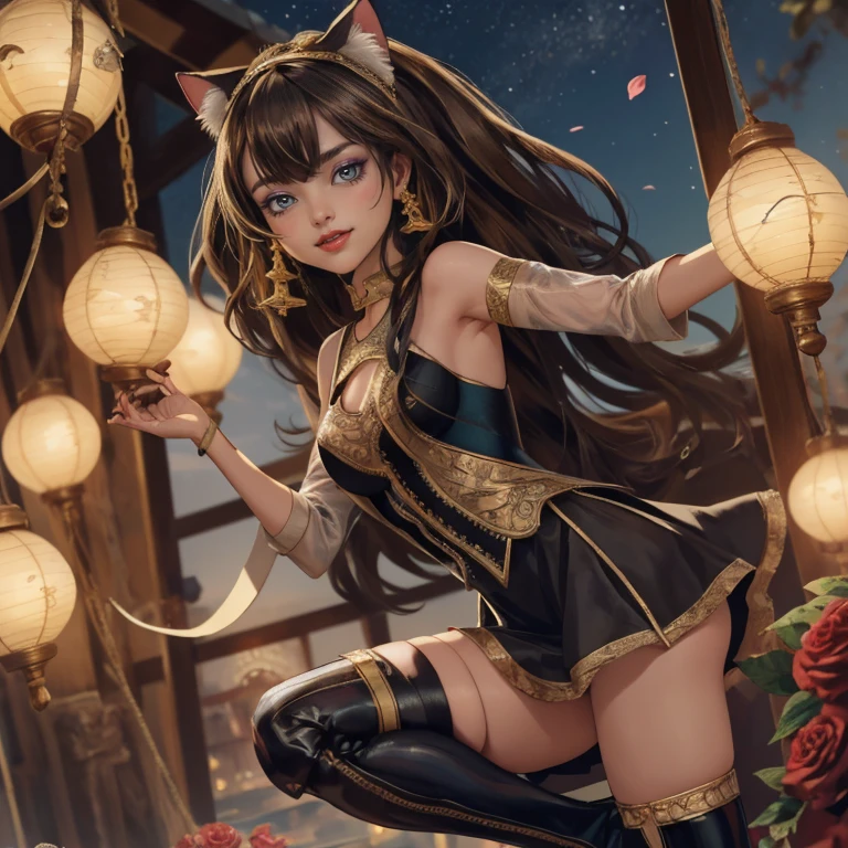  1girl, centered, a girl with a light brown skinny, cowboy shot, solo, brown hair, long hair, wave hair, Egyptian aesthetic, black shirt, black skirt, blue knee boots, smiling, Egypt style, Egypt scenery, gold lanterns, white roses, full moon,  depth of field, cinematic composition, night, white roses, smile, gold jewelry, jewelry, Egypt Pyramids scene, desert, white roses on focus, Cleo de Nilo_(monster high), Monster High, looking at the viewer, more details on the clothes, petals in the air, two arms, two legs, two hands, five fingers, Egypt Pyramids scene, desert, 1girl, black maid dress, jewelry, brown hair, flowing hair, long hair, maid dress with a short skirt and layers, blue laces, blue boots, black dress with transparency, gold details on her clothes, cat ears, animal ears,  more details, perfectly body, perfectly hands, two hands, two legs, two arms, five fingers, glowing hair, best quality, alone, maid headdress, choker, detached sleeves, maid dress, maid black dress, strapless, masterpiece, best quality, detailed face, night, asymmetrical gloves, bangs, black short skirt , black gloves, white boots, earrings, elbow gloves, fishnet thighhighs, fish masterpiece, solo, best quality, detailed face, gloves, hair between eyes, jewelry, long hair, looking at viewer, single earring, sky, sleeveless, solo, thigh boots, thigh highs, uneven gloves, solo, alone, Looking at the viewer, More details on the clothes, white roses on her hair, Egypt Pyramids scene, desert, maid, maid dress, golden details, white roses, maid headdress, maid apron, long hair