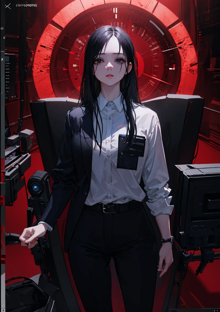 beautiful, white-skinned woman, business suit, long black hair, black eyes, looking at viewer, red background, intricate details, hyperrealistic, 8K, octane render, chiaroscuro lighting, cinematic composition, dramatic atmosphere, digital art