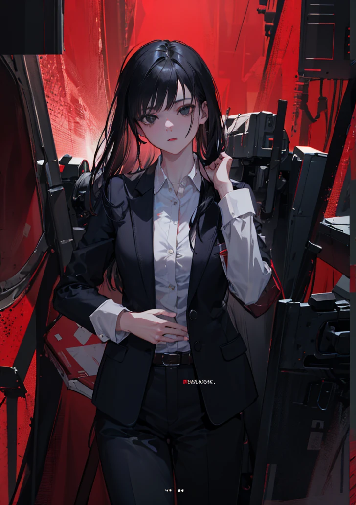 beautiful, white-skinned woman, business suit, long black hair, black eyes, looking at viewer, red background, intricate details, hyperrealistic, 8K, octane render, chiaroscuro lighting, cinematic composition, dramatic atmosphere, digital art