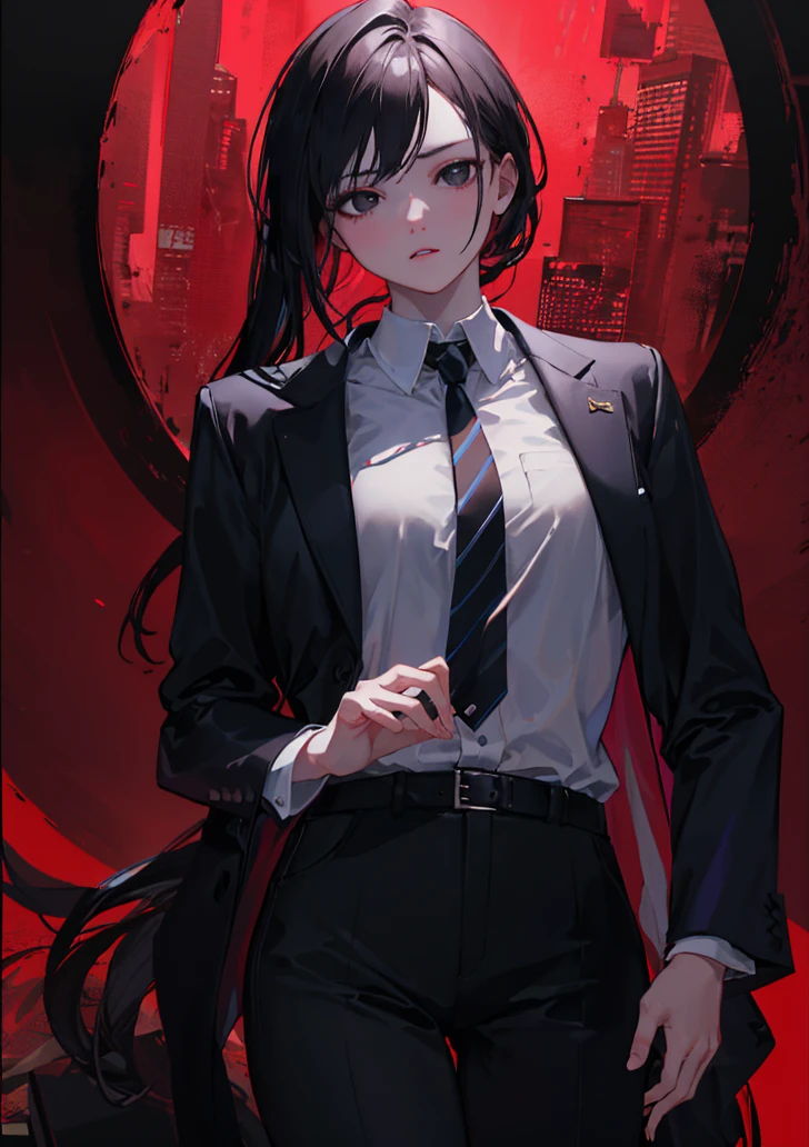 beautiful, white-skinned woman, business suit, long black hair, black eyes, looking at viewer, red background, intricate details, hyperrealistic, 8K, octane render, chiaroscuro lighting, cinematic composition, dramatic atmosphere, digital art