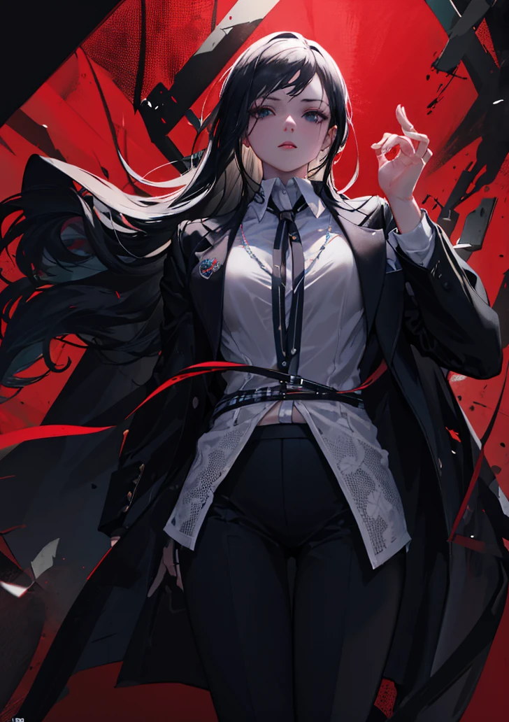 beautiful, white-skinned woman, business suit, long black hair, black eyes, looking at viewer, red background, intricate details, hyperrealistic, 8K, octane render, chiaroscuro lighting, cinematic composition, dramatic atmosphere, digital art