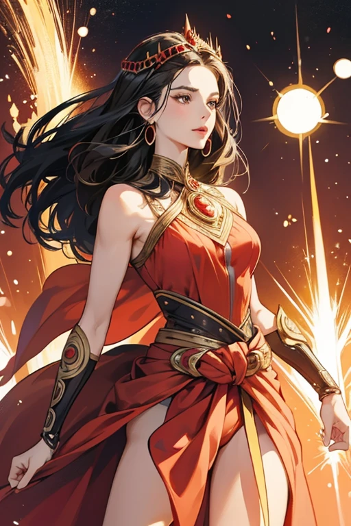 Hippolyta wore a loose red dress with black spots. Cinching the dress around her waist was armor that can be assumed to be her girdle. She wore armor on her head, forearms, shoulders, and shins. To transform, she owned the Ladybug Miraculous.  SPARKLE; GLITTER