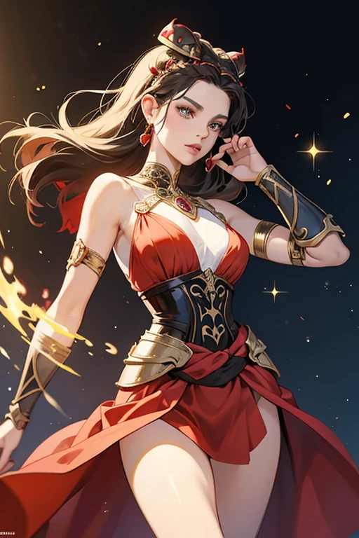 Hippolyta wore a loose red dress with black spots. Cinching the dress around her waist was armor that can be assumed to be her girdle. She wore armor on her head, forearms, shoulders, and shins. To transform, she owned the Ladybug Miraculous.  SPARKLE; GLITTER