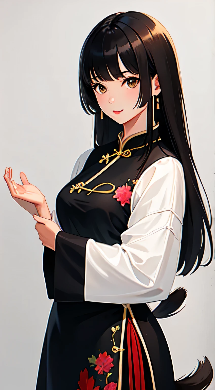 1 girl, solo, Mature and charming woman,cowboy shot,(Detailed face:1.2), masterpiece, Fashion,cheongsam,, Medium long hair, black hair, Double tail, blunt bangs, Brown eyes,
