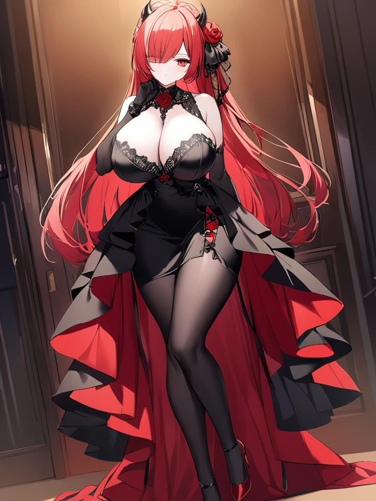、Hide cleavage、Loce、Devil、Black Dress、red heels、Long Red Hair、