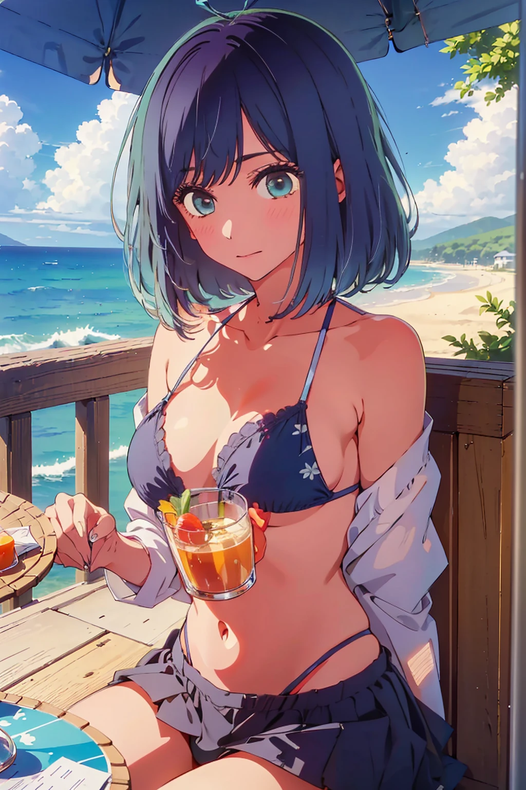 (Highest quality:1.4、masterpiece:1.4、Super detailed:1.4、8K:1.4)、((((1 person、Surprised expression、sit、Outdoor café terrace、coastal、juice、table、Sandy Beach、juiceのグラスを持つ、Plain Bikini、The depth of the written world、Very soft boobs、Big eyes、Very cute face))))、F cup bust、Medium breast、Underboob、Sideboob