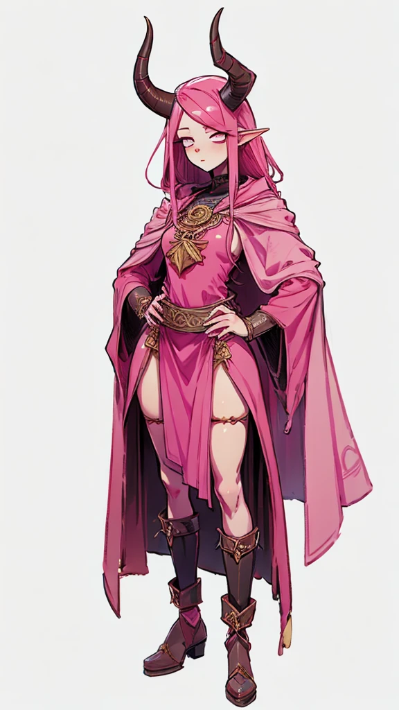 tiefling girl with pink hair, pink skin, two big horns, dressed in priestess clothes, standing straight