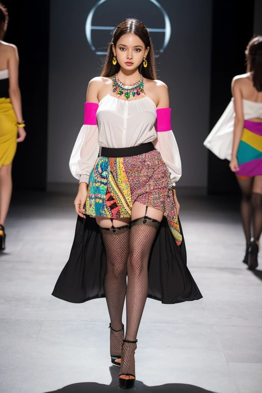 Overweight, best quality, masterpiece, Fashion with a piece of fabric that exposes almost the entire upper body, H-shaped skirt that reveals more than 10cm above the knees, High heels that are very flashy and have a heel of more than 7 cm., large, colorful necklace, large and colorful earrings, large and colorful bracelets, Stockings with colorful and unconventional colors and patterns, Underwear with flashy and unconventional colors, patterns and shapes