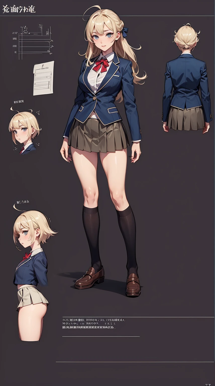 girl, alone, whole body, From head to toe, Are standing, (Huge_chest:1.3),
Character design sheet, Character Reference Sheet, 設計図のSchematic, Drafting, Blueprint, Schematic,
((Character design sheet:1.7, Character Reference Sheet:1.7,)),
anime/cartoon character wearing a girls , 1girl, alone, Thigh-high socks, blazer burezaa (blazer), Ahoge, Long Hair, bow, , shoes, loafers, ribbon, (Very short skirt:1.4),lingerie:1.3,