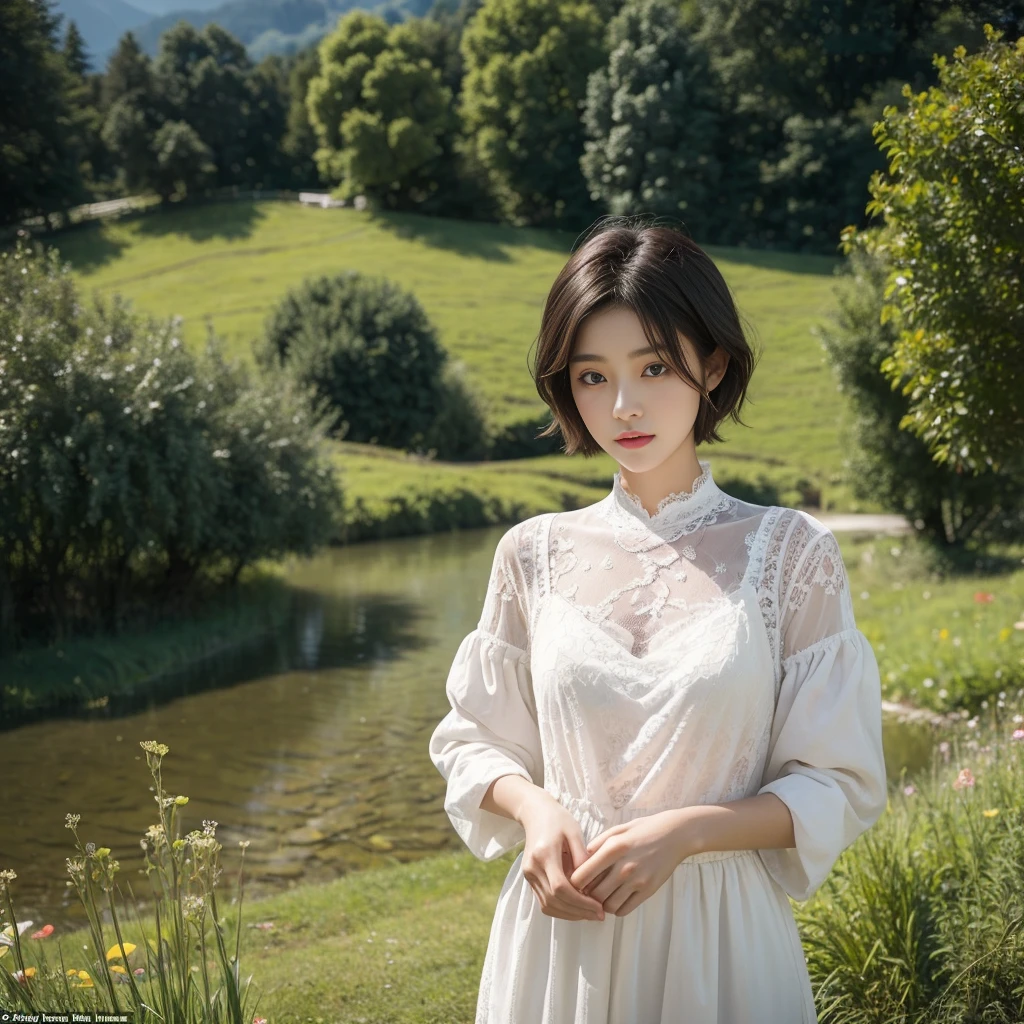 category : beauty photo theme : natural lace : Short Heonguk young woman 1 : 35-year-old woman : short medium hair, outdoor , Switzerland&#39;s green meadows with a lake in the distance, side view . Create a beautiful atmosphere , wind blowing effect, Beautiful facial expressions , elegant pose .smile at the camera: : tall flower garden, blue sky , Wearing high-quality knits and pants, comfortable shoes, wind blowing camera : Taken using Canon eos 90d DSLR camera with 18-135mm lens , Detailed skin texture , detailed face , enlargement , low exposure angle : high dynamic range (HDR) launch