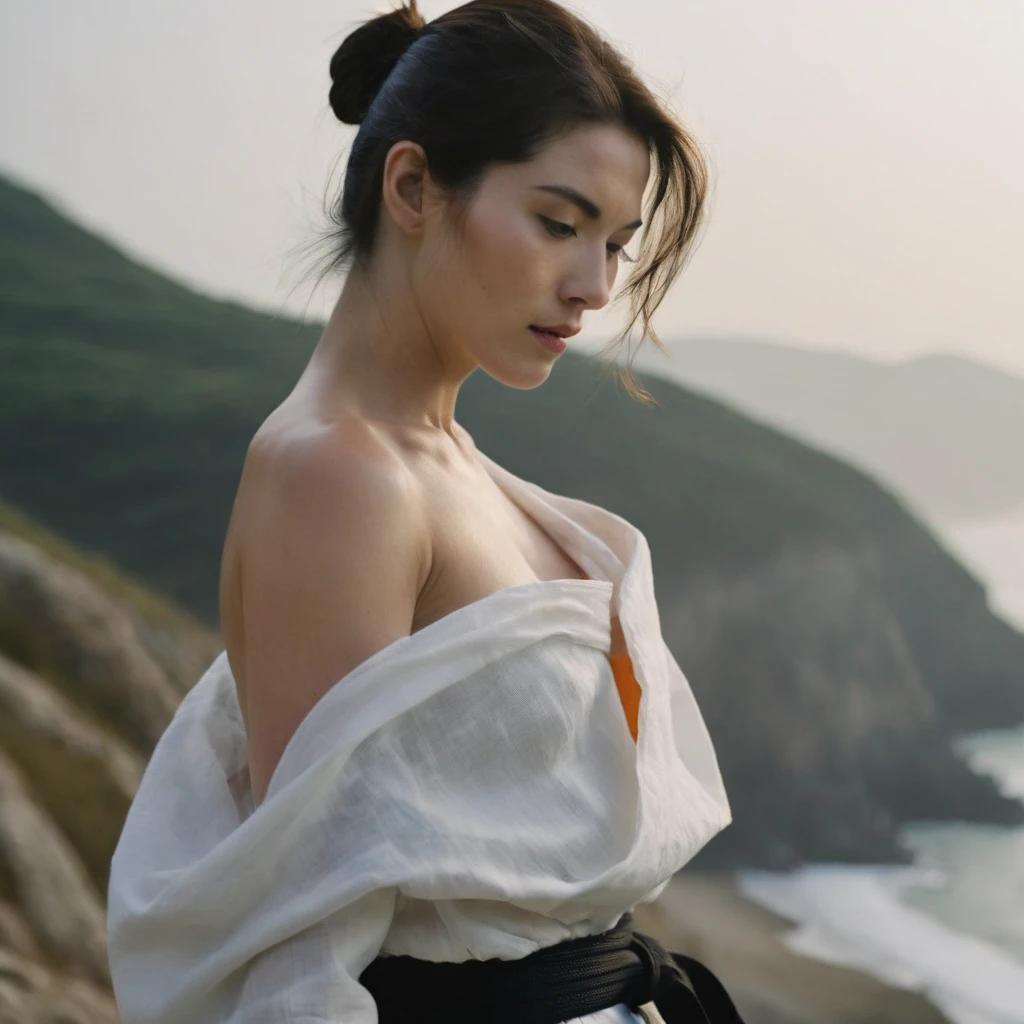 Quite a bit body of a beautiful face taekwondo Korean girls on ‘cliff’ still from the film, (Anne Hathaway look alike face: 0.7), in the style of foggy valley, fighting practice photography, tangerine and fossil grey, burne-jones, photorealistic urban scenes, luminosity of water, Leica SL3, Summicron-SL 75 f/2 ASPH, MyHeart 200 film, bare shoulder, monk cloth, dynamic action pose,