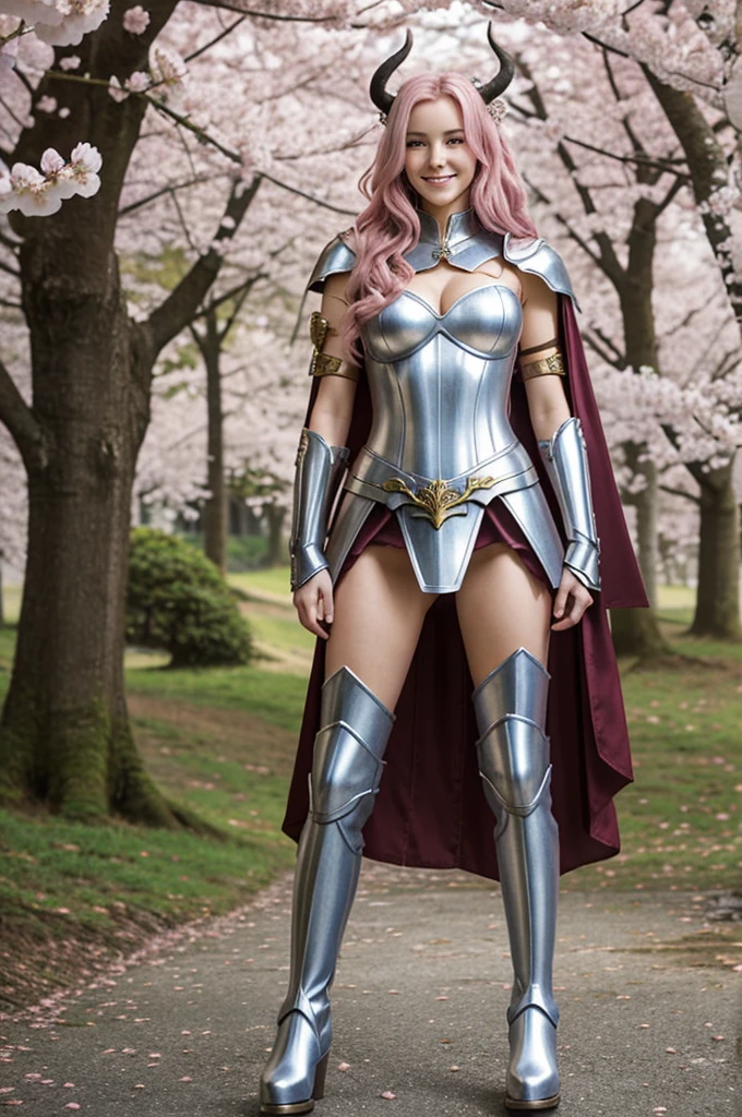 Beautiful young woman of twenty years old with long, wavy cherry blossom-colored hair and two horns protruding from her head, golden eyes, a slender body with large breasts, a smile and blush. Armor, blue cuirass, silver details, fingerless gauntlets, boots, hip protectors, shoulder protectors, white cape behind his back, full body, standing.