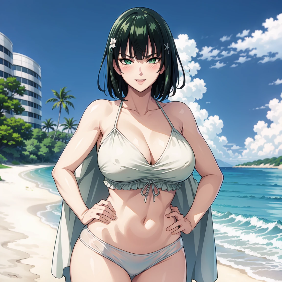 ((masterpiece)), (best quality:1.7), (detailed:1.4), (high res:1.4), 8k, (colorful:1.5), high resolution, sharped image, 4k, hd, (beautiful detailed background:1.2), (beautiful lighting:1.2), (highly detailed:1.2), perfect lighting, (8k wallpaper:1.2), (highly detailed:1.2), (extremely detailed CG:1.2), 2d, ((1girl)), solo, fubuki_opm, black hair, green hair, green eyes, short hair, big breasts, curvy body, cowboy shot, white robe on shoulders, white bikini, beach, sand, sea, clouds, sky, blue sky, ((looking at viewer)), (city), ((hands on own hips)), (smile), ((blush))
