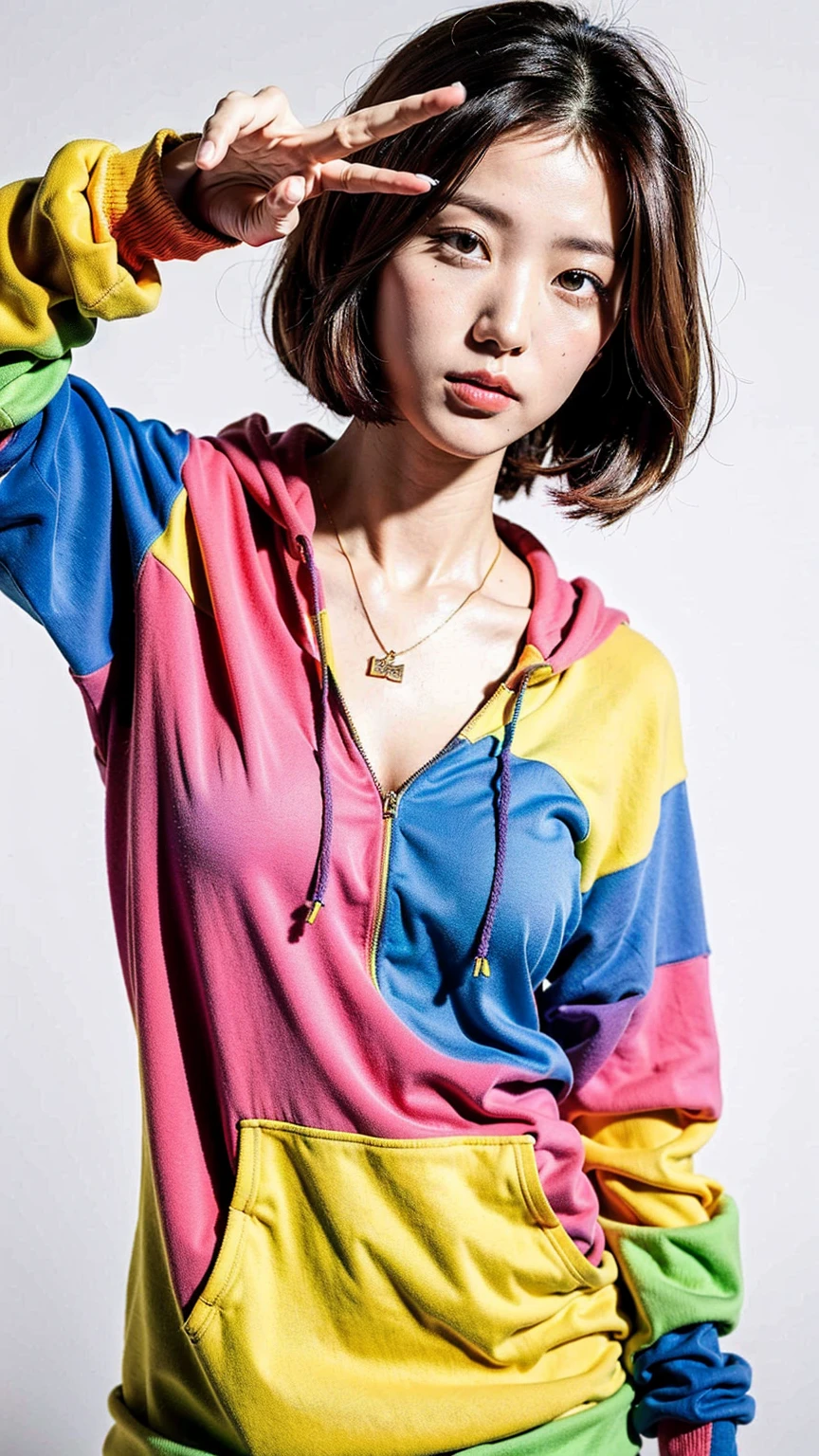 (Highest quality, 8K, 32k, masterpiece, Ultra-high resolution:1.2),Beautiful Japanese Women Photos, Rainbow clothes、Rainbow hoodie、Large Breasts, Very short bob hair,Colorful Hair, necklace, Simple Background, From above, View your viewers,Rainbow Hair、White background、peace sign、Pause