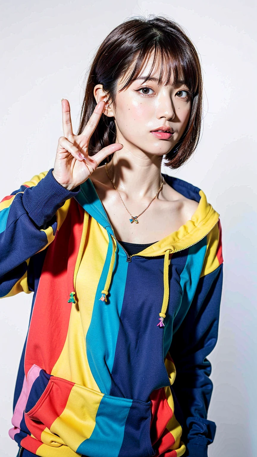 (Highest quality, 8K, 32k, masterpiece, Ultra-high resolution:1.2),Beautiful Japanese Women Photos, Rainbow clothes、Rainbow hoodie、Large Breasts, Very short bob hair,Colorful Hair, necklace, Simple Background, From above, View your viewers,Rainbow Hair、White background、peace sign、Pause