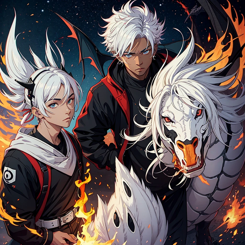 Black guy white hair ambar eyes dragon fire galo pyro