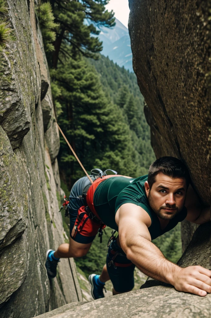 Attractive man green eyes, chubby climbing a mountain 
