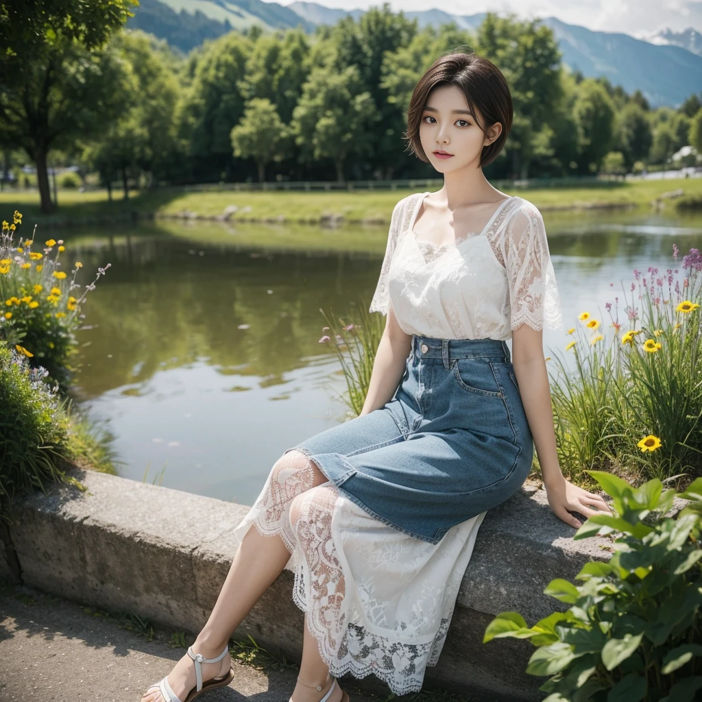 category : beauty photo theme : natural lace : Short Heonguk young woman 1 : 35-year-old woman : short medium hair, outdoor , Switzerland&#39;s green meadows with a lake in the distance, side view . Create a beautiful atmosphere , wind blowing effect, Beautiful facial expressions , elegant pose .smile at the camera: : tall flower garden, blue sky , Wearing high-quality knits and pants, comfortable shoes, wind blowing camera : Taken using Canon eos 90d DSLR camera with 18-135mm lens , Detailed skin texture , detailed face , enlargement , low exposure angle : high dynamic range (HDR) launch