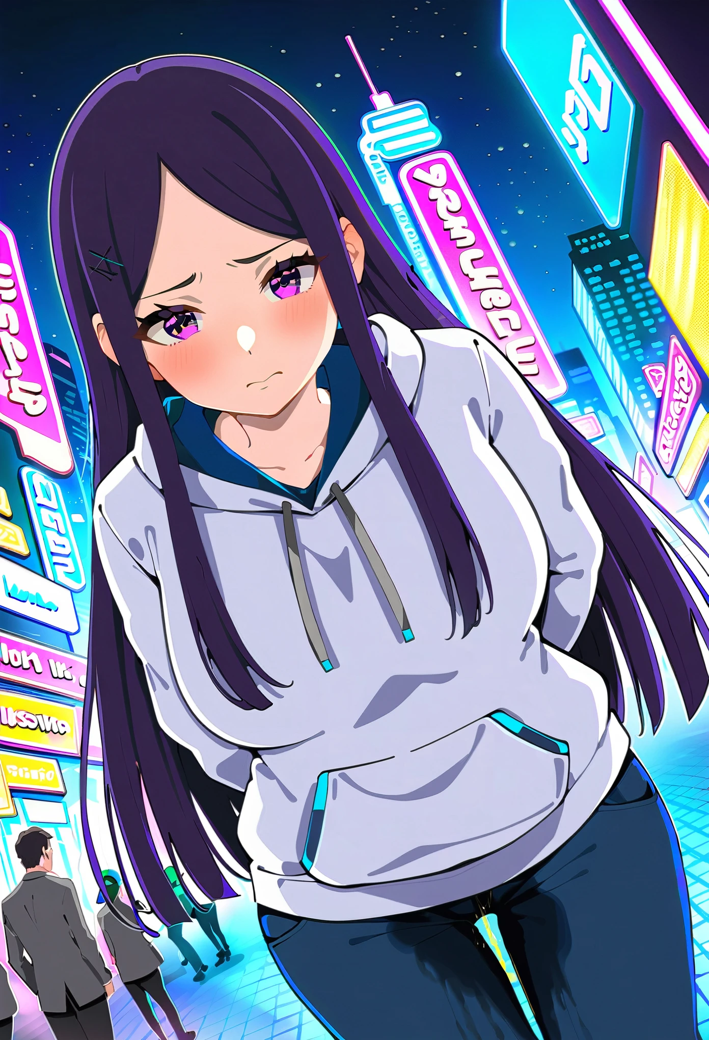 (masterpiece:1.37), best quality, (extremely detailed:1.37), woman, (mature:1.5), (adult:1.5), large breasts, very long hair, (straight hair:1.5), dark purple hair, purple eyes, (extremely detailed eyes:1.37), hoodie, jeans, desperation, wetting self, standing, embarrassed, humiliation, blushing, angry, city, futuristic, neon lighting, high-tech, street