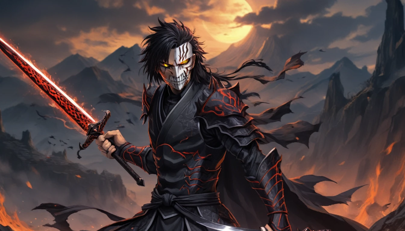 ninja mask, black hair, cape,close up, black heavy detailed clothes, katana, art, dark and malevolent, hand sword, armor, powerful and intimidating, (masterpiece, best quality, ultra-detailed, best shadow), (detailed background, dark fantasy) dramatic light, intricate details, dark and malevolent, powerful and intimidating, Dark and foreboding, malevolent force, sinister and chilling, armor, high detailed background, girl in demon slayer art, demon slayer art style, epic anime art, God death