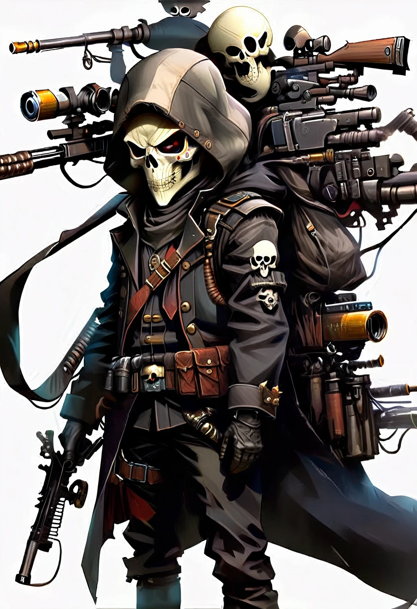 sniper, with black coat, Bounty Hunter, twist at the waist, skull and hood mask, with motorized sniper rifle in hand aiming at a rich man 