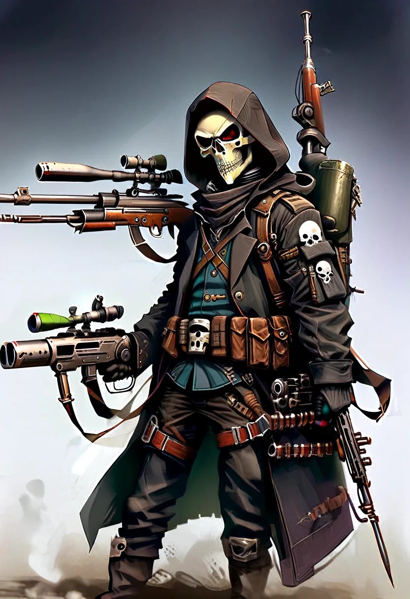 sniper, with black coat, Bounty Hunter, twist at the waist, skull and hood mask, with motorized sniper rifle in hand aiming at a rich man 