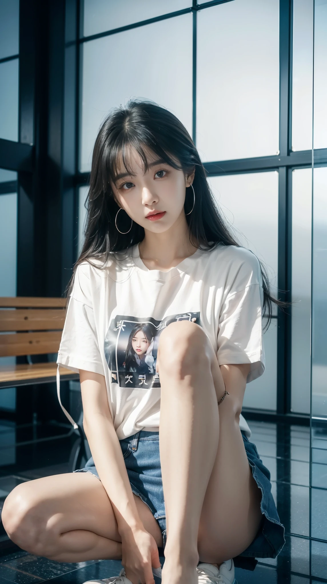 female college student、(Inside the Tokyo Skytree Observatory)、((glass floor))、magic mix real、(raw photo:1.2)、(realistic:1.4)、The beauty of beautiful details　delicate expression、black-haired、((I can see your panties))(squatting bench)earring　Eyelashes　Beautiful, delicate details、large file size、very detailed、high resolution、transcendent beauty　best quality、masterpiece、very detailed 표현　 grow、in detail、very detailed 얼굴 시네마틱 조명、22 year old girl、Positive、((dynamic pose)))、(Sit with your knees bent.))、（short sleeve sweatshirt、denim skirt、running shoes）、sexy upward gaze、(Wearing wailing panties and facing the camera))、