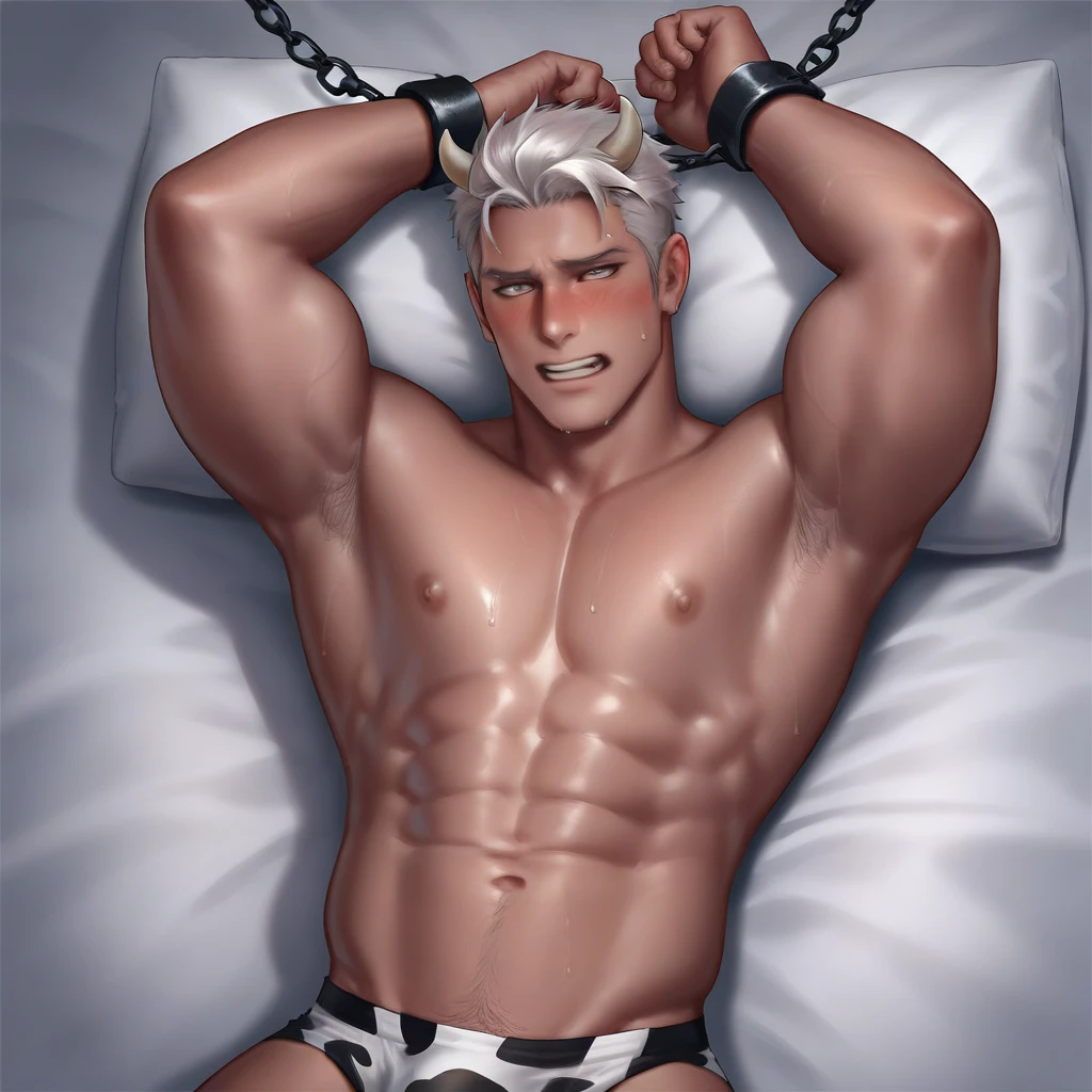 The Sealed Demon King man. topless, Just by wearing cow print clothes. another world. Fantasy. Chained. Hellish Place, Sweaty body, Embarrassed face, White eyes, Bent legs, Lying down, Lift your thighs yourself, male only, male focus, yaoi, anime style