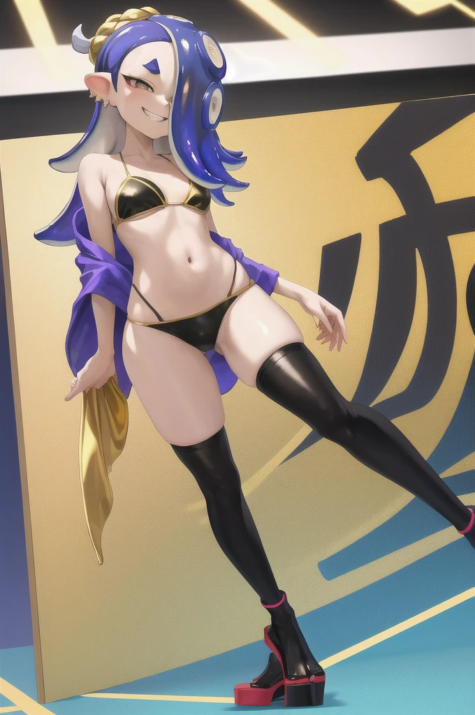 masterpiece, best quality, highres, 1girl shiver, sexy gold bikini, black socks, smug grin, legs spread, full body view 