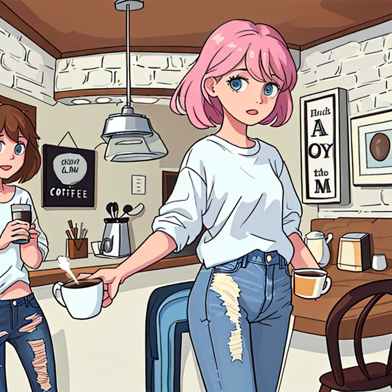 25 year old female, pretty, drinking coffee from a mug, white shirt, jeans, cartoon-like, fun image