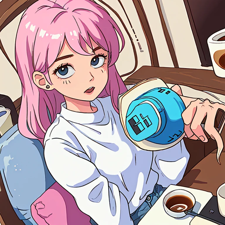 25 year old female, pretty, drinking coffee from a mug, white shirt, jeans, cartoon-like, fun image