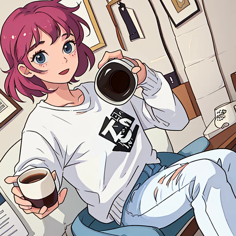 25 year old female, pretty, drinking coffee from a mug, white  shirt, jeans, cartoon-like, fun image