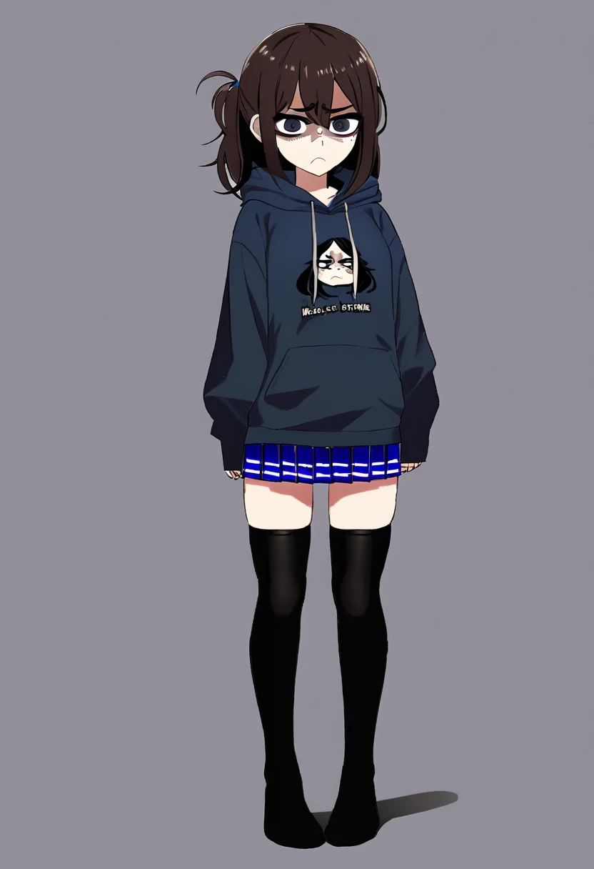 edgy girl with dark brown hair with bags under her eyes, wearing a dark blue hoodie, blue miniskirt and black thigh high socks. She has a grumpy look and a frown on her face. Full body view