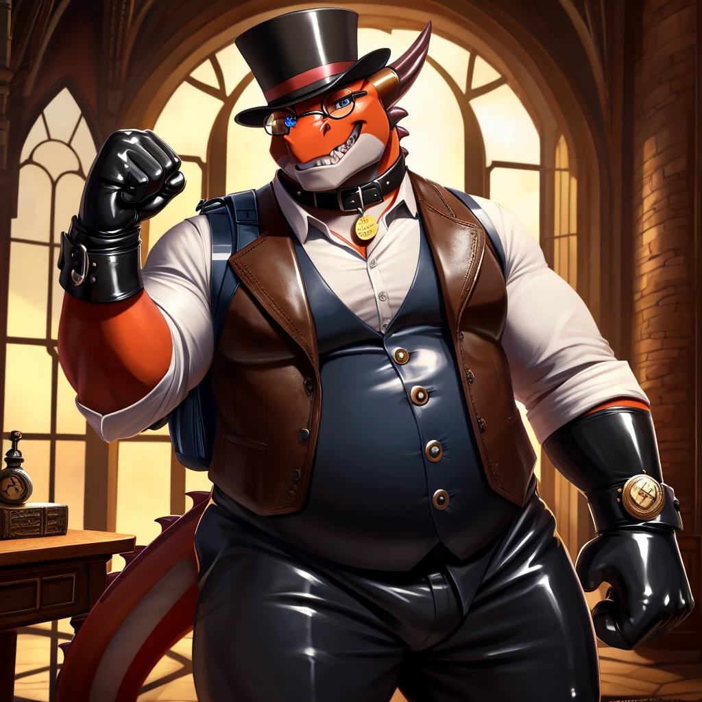 Solo, Male, fat, extremely obese, gentleman, dapper Professor Dragon, blue eyes, (posing:1.3), (soft shading), 4k, hi res, ((detailed face, detailed)), looking at viewer, evil grin, steampunk, collared shirt with buttons, top hat, male focus, Explorer Outfit, glasses, monocle, bag, vest with buttons, backpack, sleeves rolled up, round eyewear, brown headwear, brown vest, Dragon is wearing a glossy leather dog collar around the neck, Dragon is wearing the leather collar and shirt and vest at the same time, Dragon is wearing glossy white rubber gloves on the hands, wearing white rubber gloves on the feet, Dragon is wearing glossy white cuffs around the wrists with cufflinks, gloves are rubber in texture, clenching teeth, clenching fists, leather collar is glossy and shiny with a lot of detail, Dragon is wearing gloves and cuffs and cufflinks at the same time, leather collar has a round dog-tag, leather collar is thick and detailed.