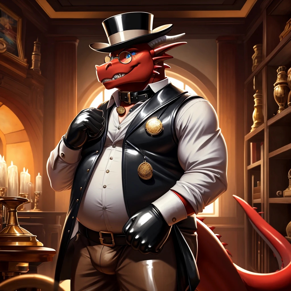 Solo, Male, fat, extremely obese, gentleman, dapper Professor Dragon, blue eyes, (posing:1.3), (soft shading), 4k, hi res, ((detailed face, detailed)), looking at viewer, evil grin, steampunk, collared shirt with buttons, top hat, male focus, Explorer Outfit, glasses, monocle, bag, vest with buttons, backpack, sleeves rolled up, round eyewear, brown headwear, brown vest, Dragon is wearing a glossy leather dog collar around the neck, Dragon is wearing the leather collar and shirt and vest at the same time, Dragon is wearing glossy white rubber gloves on the hands, wearing white rubber gloves on the feet, Dragon is wearing glossy white cuffs around the wrists with cufflinks, gloves are rubber in texture, clenching teeth, clenching fists, leather collar is glossy and shiny with a lot of detail, Dragon is wearing gloves and cuffs and cufflinks at the same time, leather collar has a round dog-tag, leather collar is thick and detailed.