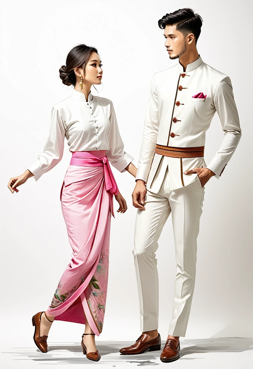 candid fashion illustration of two young man and women, 20-27 year old, adorned in a meticulously crafted North Thai traditional outfits, Lampang, ((showcase fashion Lanna style in cotton handwoven in pink)), simple elegant style, The man wears a simple long-sleeved white mandarin collar suit, paired with Tailor pants, and oxford shoes, The woman complements him with ankle-length Sarong, simple minimal patterns details, fitted intricately decorated waist-length blouse that complements the skirt, standing, Captured in full-body image, ((white background)), sketching, realistic drawing, imperfect water color painting, fashion look book, fashion illustrator, sketch design,