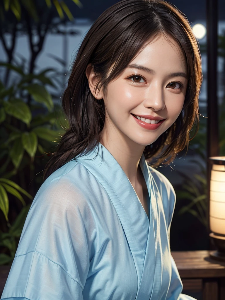 Highest quality, masterpiece, Ultra-high resolution, (Realistic:1.4), RAW Photos, One Girl, Incredibly beautiful kimono, Twelve-layered kimono, Japanese clothing, Deep Shadow, Moderate, Bamboo forest at night, Illuminated by the moonlight, 20-year-old, (A kind smile:1.3), Cute face, (head shot:1.2), Golden Ratio:1.3