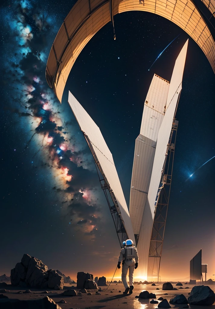 From a low angle, the camera captures an astronaut walking across the Martian landscape under a star-filled night sky. The scene begins with the foreground filled with scattered rocks and small stones, illuminated by the soft glow of the astronaut's helmet lights. The astronaut, positioned in the center of the composition, strides purposefully towards a stunning, colorful structure in the distance.
The structure, reminiscent of Martian architecture, stands out against the red-orange hue of the landscape, its intricate patterns and vibrant colors illuminated by subtle internal lighting. Behind the astronaut, jagged mountains rise majestically, their peaks etched against the backdrop of a starry cosmos.
Above, the night sky is a tapestry of stars and distant planets, casting a serene light over the scene. The atmosphere is quiet and otherworldly, with the only sound being the astronaut's steady footsteps on the rocky terrain. The composition conveys a sense of exploration and discovery, capturing the essence of humanity's journey into the unknown depths of the Martian night.
