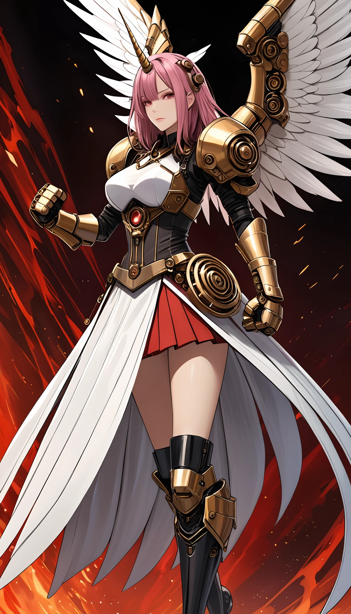 unicorn horn，metal spiral sharp corners,in style of Santiago Caruso,
huge mechanical angel wings,mechanical_halo,1 girl,mechanical wrist,mechanical skirt with pleated skirt,(huge makeover mechanical fists:1.5),the fist flashed red,