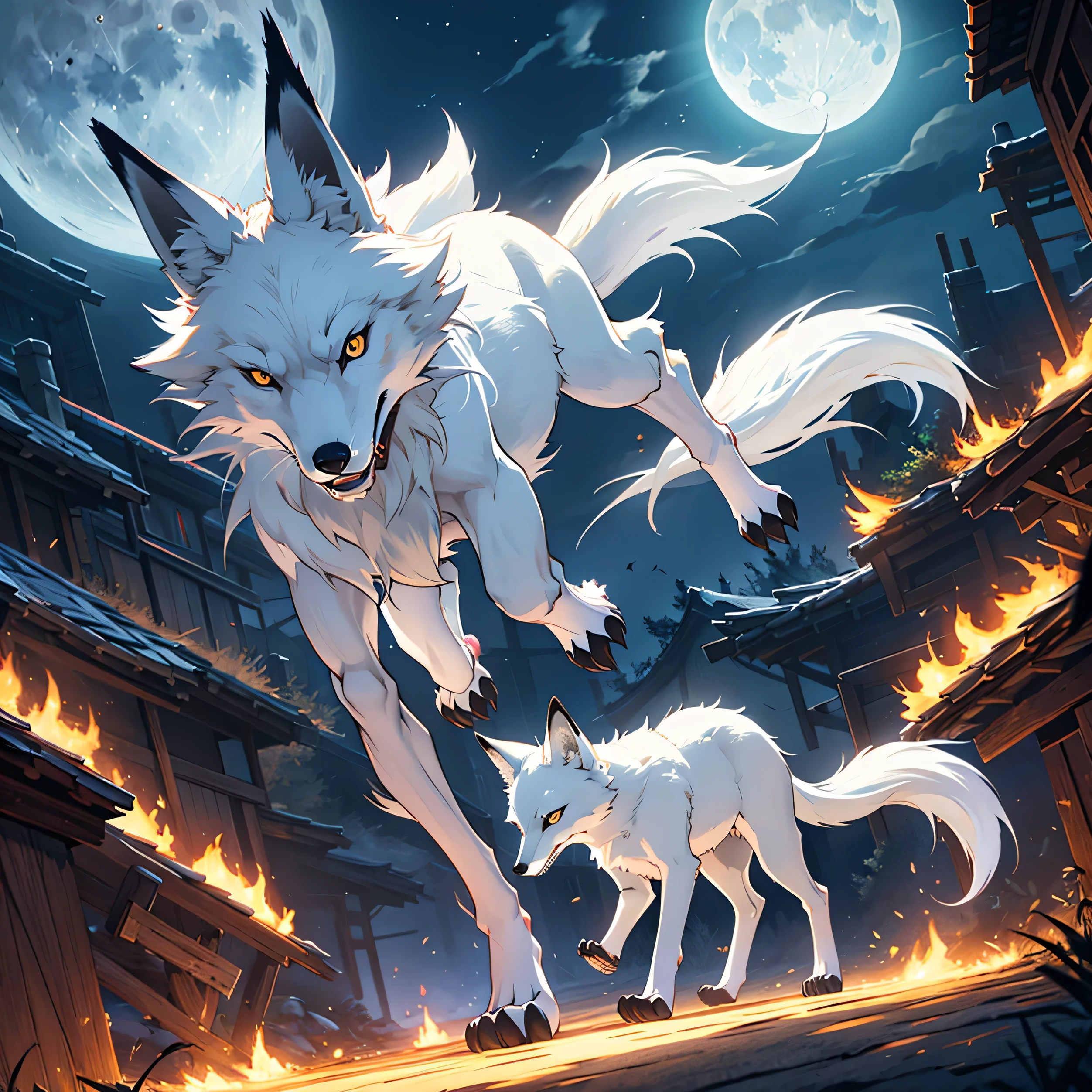 Moonlit night, A white fox with nine tails runs, Active fox behavior, angry fox