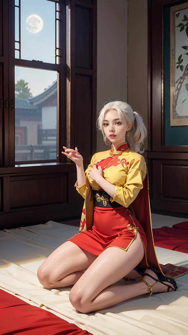 A very beautiful female empress, white  hair, yellow  eyes, red nails, youthful face, strong physical characteristics, muscular but well proportioned body. Wearing traditional Chinese imperial clothing decorated in gold with black details, with red Hanafuda earrings, with a red skirt, a black string sandal. Kneeling on a white bed in an ancient Chinese room, with a full moon and stars in the window in the background with flashes of light reflecting on the body.