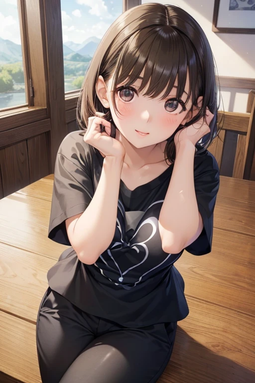 anegasaki nene、Shiny brown hair, short hair, Beautiful brown eyes、smile、Sparkling eyes, (Fine grain)、Ultra-detailed eyes、Very detailedな顔, Very detailedな目,

(Highest quality, Realistic), (Portraiture), (Vibrant colors), (Soft lighting), (Tabletop,High resolution,16K:1.2),


A girl is posing for a photo, cute女の子, Enchanting girl, 


((blackＴshirt:1.6), (Knee-length chinos:1.4)、Blue gemstone earrings、

(((Highest quality)), ((masterpiece)), (Very detailed), (High resolution), (Beautiful sparkle), (High detail), (Anatomically correct)), ((Realistic)), ((The best CG)), Highly detailed art, CG illustration, 16K, 1080P, Oil paints:1.2,   

(((One Girl))), 
(Symmetrical facial features, Perfect Face), Beautiful clavicle, (Beautiful fingers), (Beautiful breasts, (Ｃcup)), 
Beautiful body, Beautiful thighs, Beautiful legs, Perfect round ass, (((Detailed skin, Oily skin, Textured skin, Beautiful Skin))), 

(((Baby Face, cute, 16 years old))), double eyelid, Long eyelashes, 
(Droopy eyes, Fine grainの表現, Beautiful and delicate eyes, Sparkling eyes, Eye Reflexes), 
(Beautiful Nose,Thin Nose), 
(Glossy Lips, Beautiful Lips, Thick lips), 

(Beautiful Hair, Shiny Hair, Shiny Hair), Hair fluttering), 

(Smiley, Laughter, blush),  
break 

(noon、(In the mountains、Dip your feet in the river)), ((Dynamic pose、whole body))
