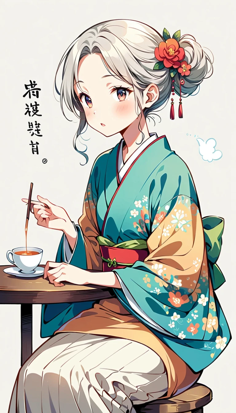 white background, Fujichoco style, kimono, white hair, tatami, table, Tea ceremony etiquette, simple background，Simple line initialism, 18 year old girl, (((The Most Beautiful Girl))), wallpapers, 8K,