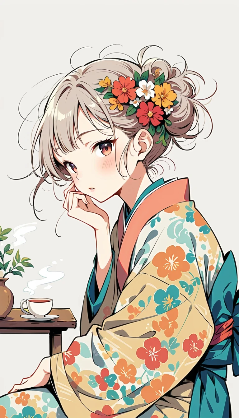 white background, Fujichoco style, kimono, white hair, tatami, table, Tea ceremony etiquette, simple background,Simple line initialism, 18 year old girl, (((The Most Beautiful Girl))), wallpapers, 8K,