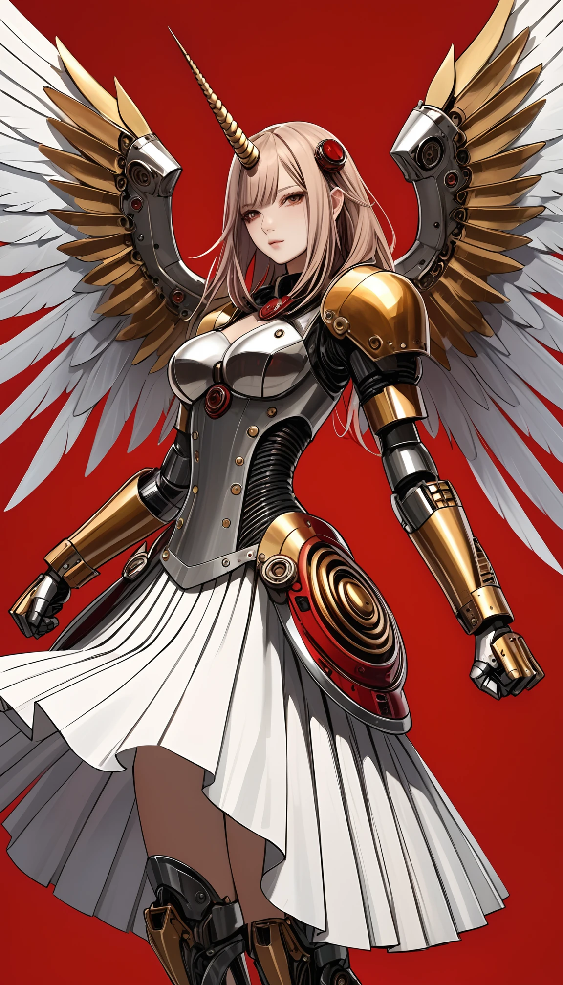 unicorn horn,metal spiral sharp corners,in style of Santiago Caruso,
huge mechanical angel wings,mechanical_halo,1 girl,mechanical wrist,mechanical skirt with pleated skirt,(huge makeover mechanical fists:1.5),the fist flashed red,
