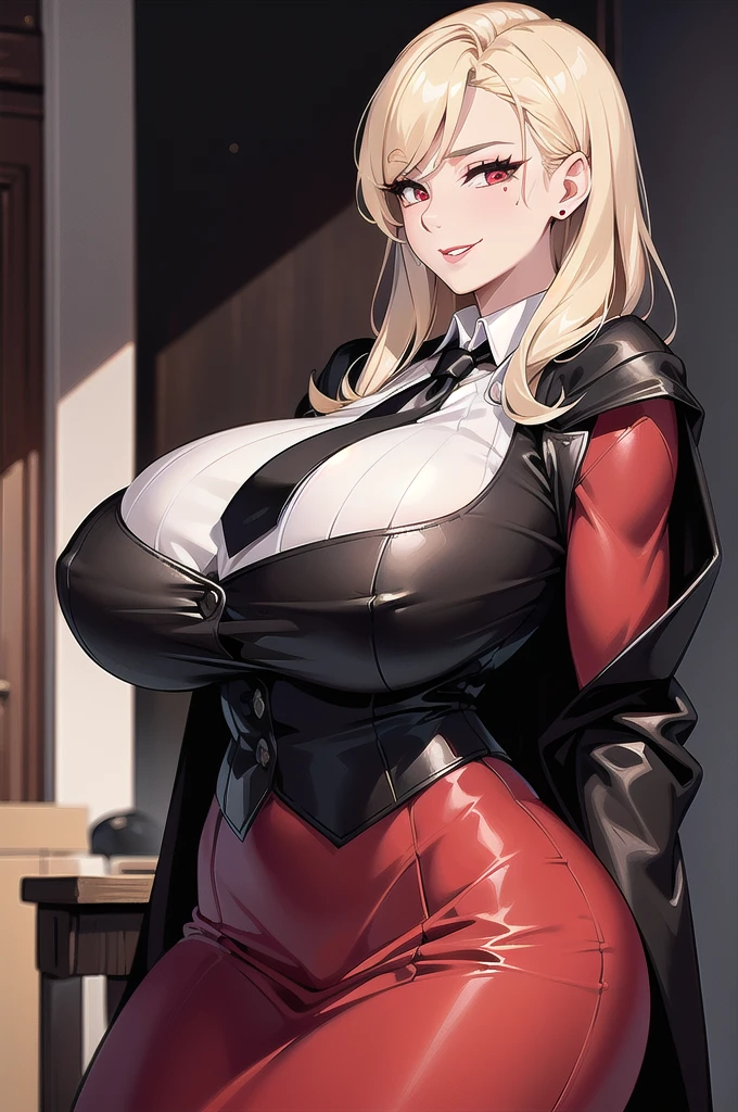((masterpiece, best quality, ultra-detailed, 8k:1.3)), 1girl, drill hair, blonde hair, hair ribbon, red eyes, thick red lips, ((long white shirt, black long skirt, black vest, black tie, black cloak:1.3)), ((adult woman, mature woman, older woman, milf:1.3)), ((perfect body proportions, beautiful body, aesthetic body, perfect anatomy:1.3)), (closed clothing:1.2), long black gloves, office, mole under eye, seductive smile, ((huge breasts:1.3))