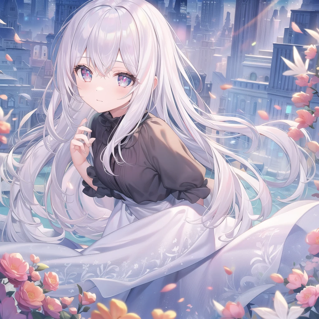 ((masterpiece, best quality))++, Detailed lighting+, Detailed hair+, Detail hand+ ,1 girl, Miss, Long hair, Crimson eyes, beautiful eyes, young white hair,,(Beautiful white hair:1.5),(Beautiful and delicate eyes), high resolution+,glass tint, Reflective eyes, {{angle}} , Very detailed wallpaper, The original, ,Sea of Flowers,Air bangs,city road,Double ponytails,Extremely beautiful CG,